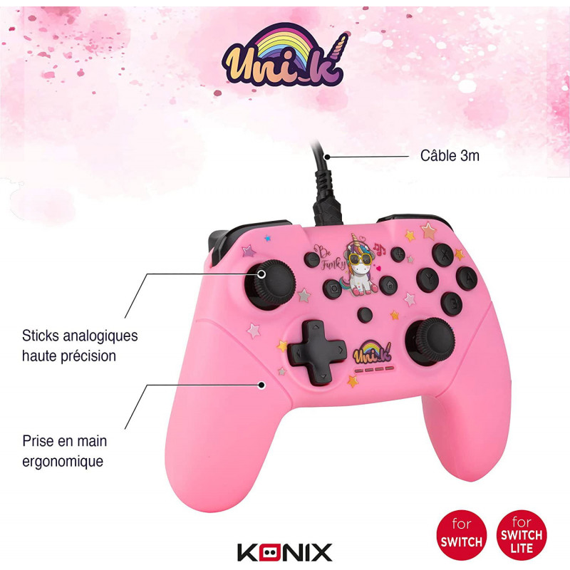 Konix Unik Switch Wired Controller for Nintendo Switch (Be Funky Pink)