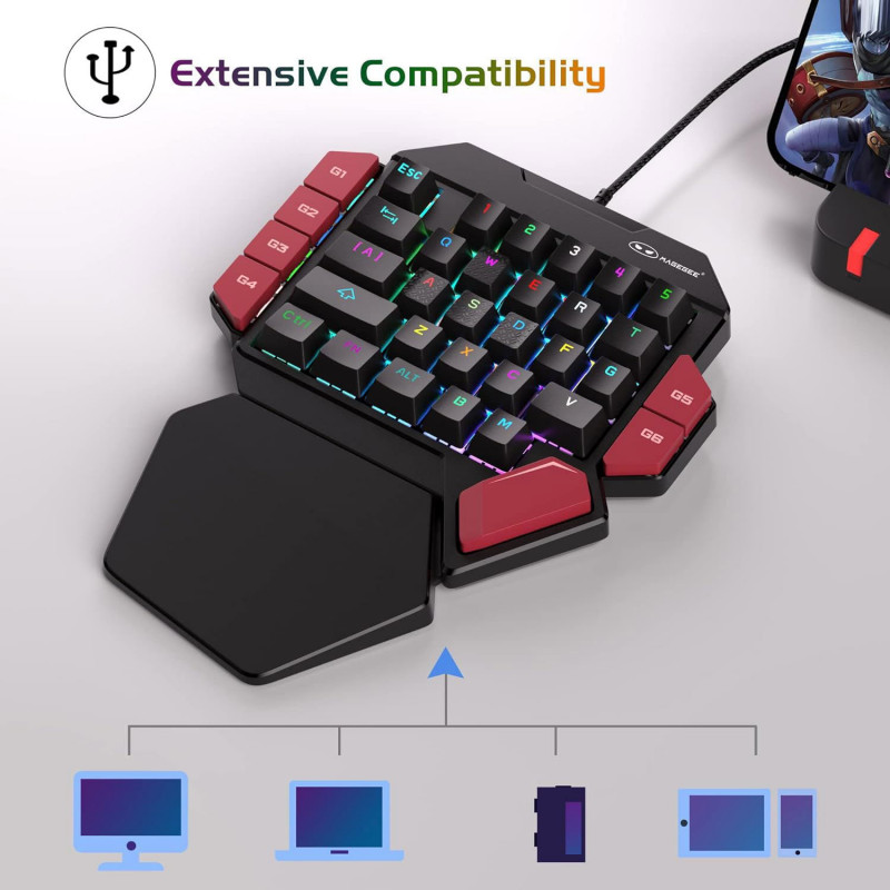 MageGee MK-Axe One Handed Professional Gaming Keyboard Rainbow Lighting Black/Red (Red Switch)