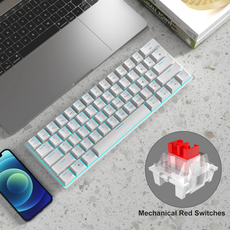 MageGee STAR61 Wired Mechanical Keyboard Blue Backlight (White) - Red Switch